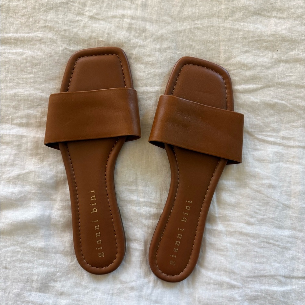 Gianni Bini Tan Leather Wide-Strap Slide Sandals